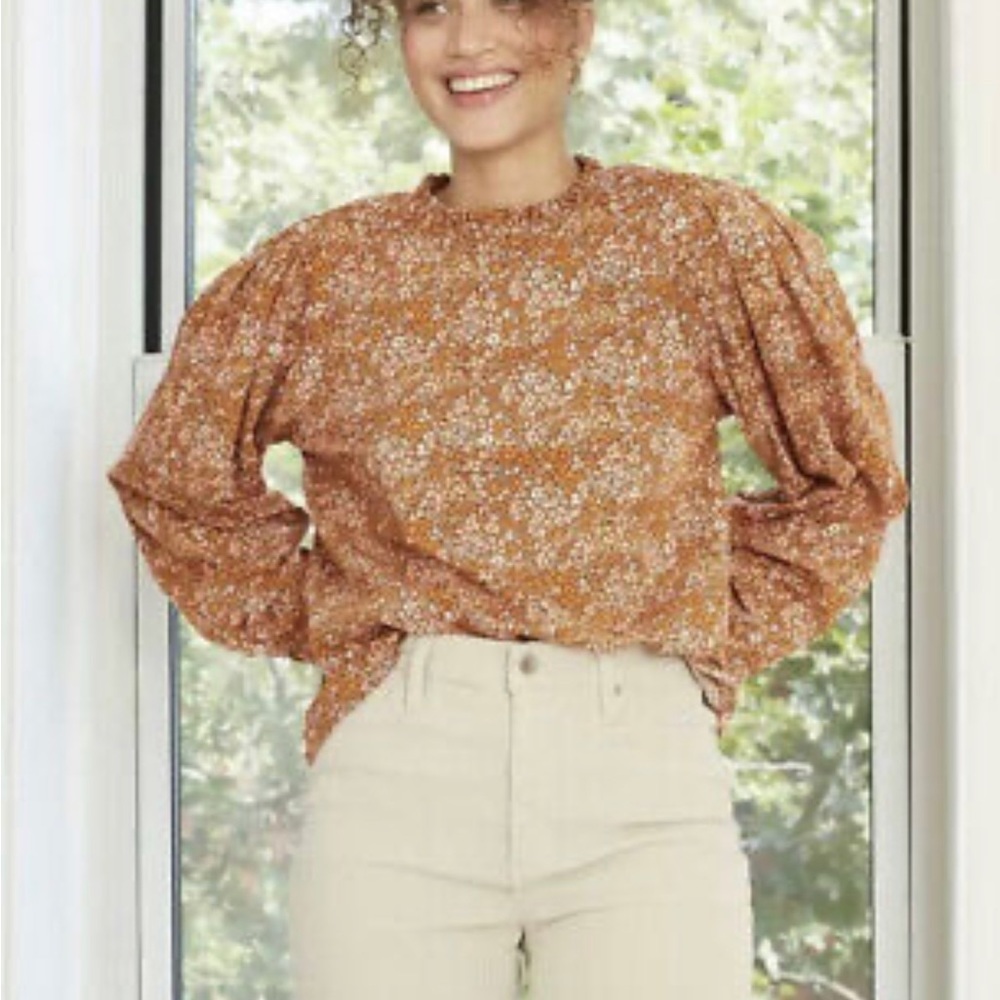 Universal Thread Burnt Orange Floral Puff-Sleeve Blouse